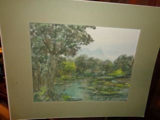 Bishop: Hampshire Watercolor;matted: " Pond With Cattails And Water Lillies "
