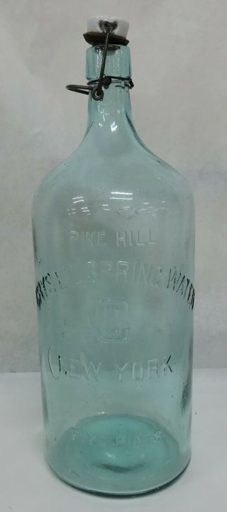 Vtg Pine Hill Ny Crystal Spring Water Five Pints Bottle - Wire Bail - Porcelain Top