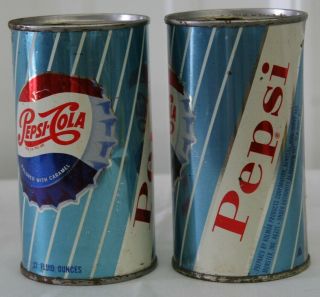 2 Vintage Pepsi 12 Oz Flat Top Soda Pop Steel Can Blue & White Diagonal Stripes