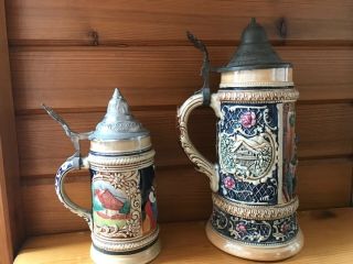 Two Vintage W.  German Ceramic Dbgm Beer Stein Mugs With Hinged Lids
