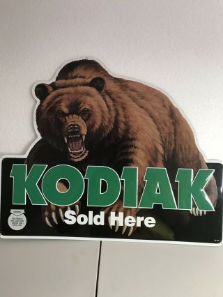 Kodiak Here With The Figural Kodiac Bear Embossed Tin Metal Tobacco Sign