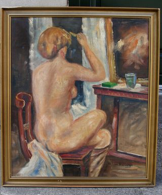 Interior With Female Nude.  Paris School.  1930s.  Signed.