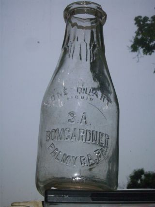 Rare Clear Embossed 1 Qt.  S.  A.  Bomgardner Milk Bottle Palmyra,  Pa.  K 9