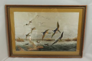 1950 ' s Japanese Silk Embroidery Painting Ducks Flying Over Pond Handmade Framed 2