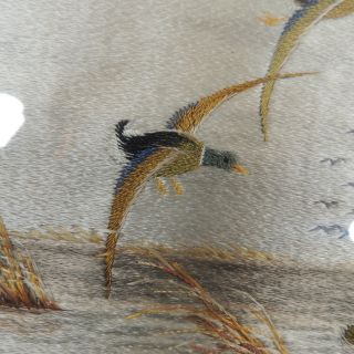1950 ' s Japanese Silk Embroidery Painting Ducks Flying Over Pond Handmade Framed 4