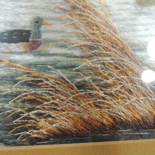 1950 ' s Japanese Silk Embroidery Painting Ducks Flying Over Pond Handmade Framed 5