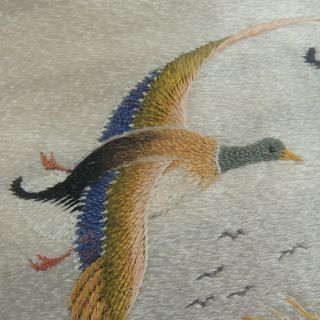 1950 ' s Japanese Silk Embroidery Painting Ducks Flying Over Pond Handmade Framed 8