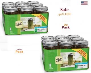 Ball Wide Mouth Canning Mason Jars,  Clear Glass With Lids & Bands 24oz 18 - Count
