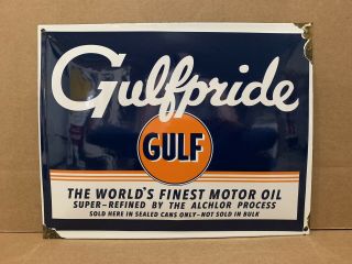 Vintage Porcelain Gulf Oil Sign Motor Oil Gulfpride Gasoline Plate Gas Pump