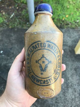 The Nsw Aerated Water Co.  Newcastle - Antique Stone Ginger Beer Bottle Blue Top