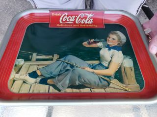 Vintage 1940 Coca - Cola Sailor Girl Fishing On A Dock Serving Tray Coke
