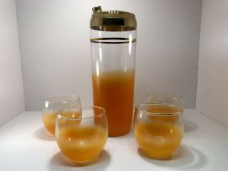 Vintage Blendo Barware Orange And Gold Mcm Cocktail Shaker And Four Glasses
