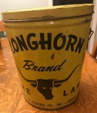 Rare Vintage Yellow Longhorn Brand Lard Tin 8 Lbs Amarillo