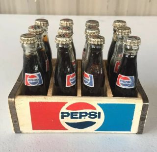 Miniature Vintage Set Of 12 Pepsi Soda Bottles,  Wooden Crate - Mini 3 " Glass