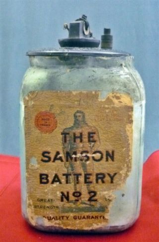 Antique Samson Battery No.  2 Complete Glass Jar Label & Guts Leclanché Cell