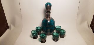 7 Pc Antique Green Glass & Sterling Silver Overlay Decanter & Shot Glasses - 9.  5in