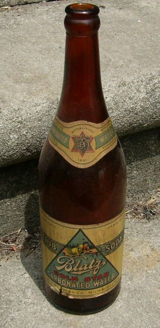 Blatz Prohibition 1924 Club Soda Water Bottle With Label.  Milwaukee Wisconsin.