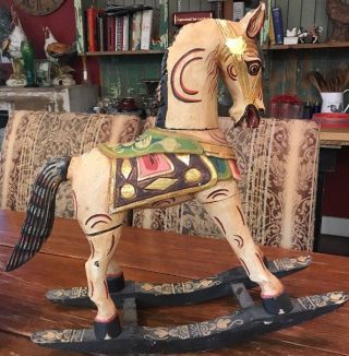 Indian Wood Hand Carved Painted Wooden Rocking Horse 18.  5x20x6”