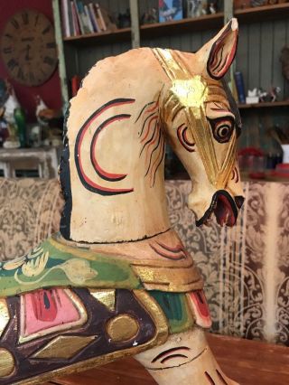 INDIAN WOOD HAND CARVED PAINTED WOODEN ROCKING HORSE 18.  5X20X6” 2