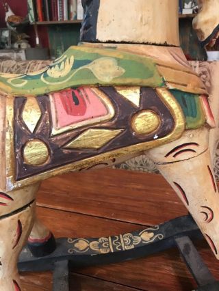 INDIAN WOOD HAND CARVED PAINTED WOODEN ROCKING HORSE 18.  5X20X6” 5