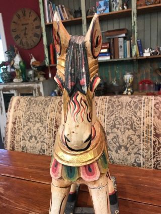 INDIAN WOOD HAND CARVED PAINTED WOODEN ROCKING HORSE 18.  5X20X6” 6