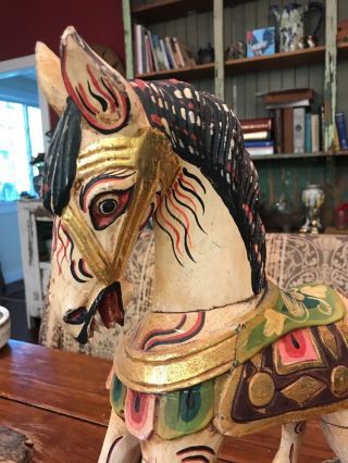 INDIAN WOOD HAND CARVED PAINTED WOODEN ROCKING HORSE 18.  5X20X6” 8