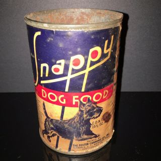 Best In Show Snappy 1930s Dog Food Tin Can Schnauzer Paper Label Old Pet Shop