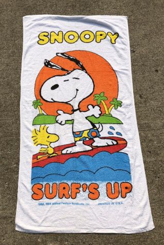 Vintage Peanuts Snoopy & Woodstock Beach Towel Franco 1958 1965 Surfs Up