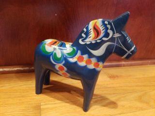 Vintage Akta Dalahemslojd G.  A.  Olsson Nusnas Sweden Wooden Dala Horse 8 1/4 " Blue