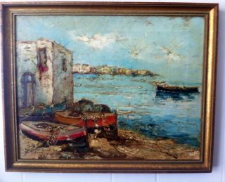Mid Century Modern Impasto Oil On Canvas Harbour Scene Framed