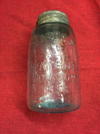 Antique Mason’s Patent Nov.  30th 1858 Midget Pint Canning Jar W/ Zinc Lid Blue
