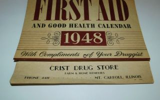NEAT VINTAGE 1948 CALENDAR FROM MT CARROLL ILLINOIS MCKESSON ' S FIRST AID 2