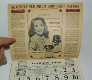 NEAT VINTAGE 1948 CALENDAR FROM MT CARROLL ILLINOIS MCKESSON ' S FIRST AID 3