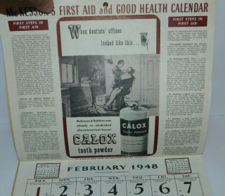 NEAT VINTAGE 1948 CALENDAR FROM MT CARROLL ILLINOIS MCKESSON ' S FIRST AID 4