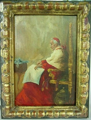 Antique Religous Cardinal Oil Painting On Panel 9.  25 X 6.  5 Signed Well Done
