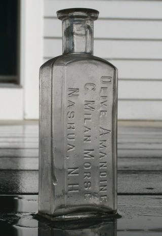 Antique Olive Amandine - C.  Milan Morse,  Nashua,  N.  H.  Medicine Bottle