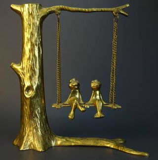 Vintage Solid Brass Frogs Sitting On A Swinging Bench Hanging From Tree Mcm