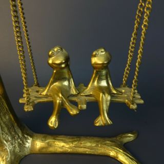 Vintage Solid BRASS FROGS Sitting On A Swinging Bench Hanging From Tree MCM 3