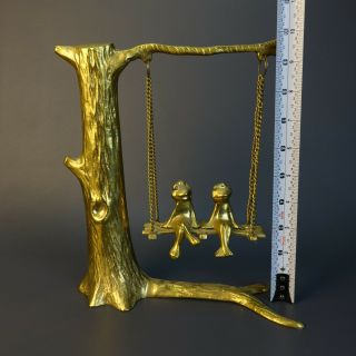 Vintage Solid BRASS FROGS Sitting On A Swinging Bench Hanging From Tree MCM 4
