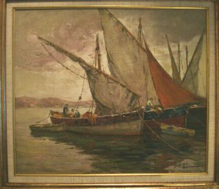 Andre Beronneau French Impressionist Oil Painting,  Fishing Boats,  Sete,  Listed