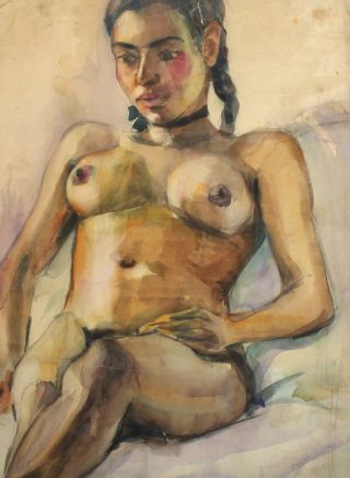Antique Watercolor Painting Impressionist Nude Girl Portrait