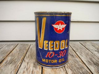 Vintage 1 Quart Veedol Tidewater Motor Oil Can Metal Quart Man Cave Nr