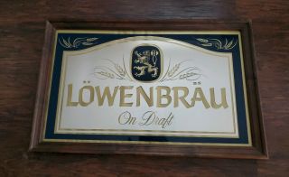Vintage Bar Mirror Sign Lowenbrau Beer Draft Wood Frame 21” X 33 "
