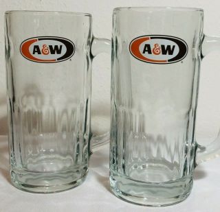 2 Vintage A & W Root Beer Mug Heavy Glass With Thumbprint Design 6 " Tall -