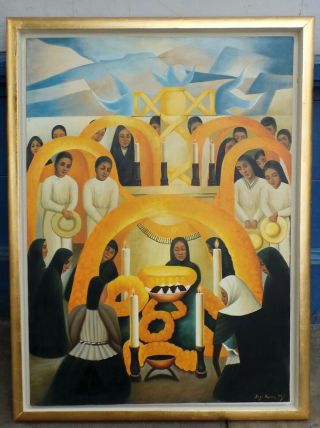 Great Diego Rivera Oil On Canvas 1937 Hand Signed With Frame In Golden Leaf