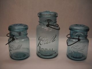 Set Of 3 Ball Ideal Mason Style Jars Blue Glass Tops Metal Handles 2 Sizes