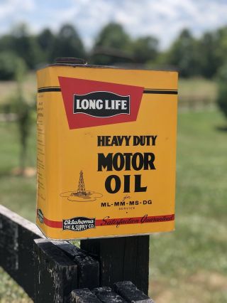 Vintage Long Life Motor Oil 2 Gallon Can Oklahoma Tire & Supply Oil Refinery Rig