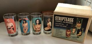 Vtg 1976 Spencer Gifts Set 4 Striptease Hiball Glasses Four 10 - ½ Oz Box