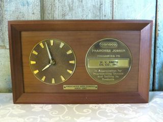 Vintage Walnut Wood Conoco Gas Oil Company Advertising Award Clock Looking