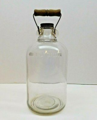 Vintage One Half Gallon Glass Jar With Bail Wood & Wire Handle & Lid